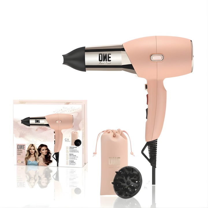 Professzionális Hajszárító "Peach Pearl" 1800W, Tiszta Réz AC Motor 18000 RPM, 3 Hőmérséklet Fokozat, Hideglevegő Funkció, Ergonomikus Kialakítás, Tartalmaz Diffúzort, Szűkítőt és Prémium Bársony Táskát, Púderrózsaszín