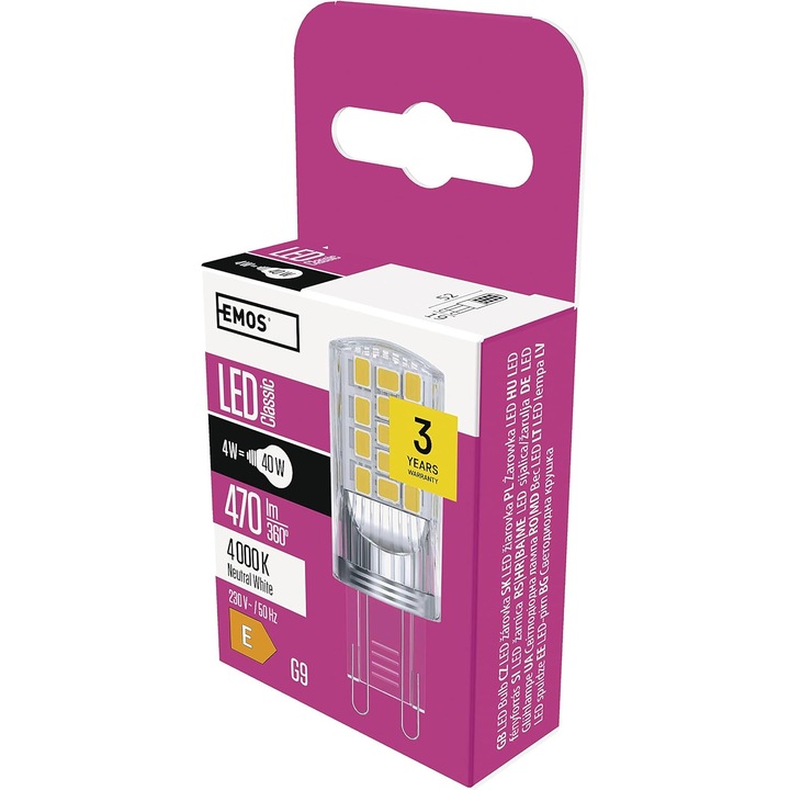 LED крушка EMOS G9, 4W, 470lm, Неутрално бяла 4000K, Живот 30.000ч