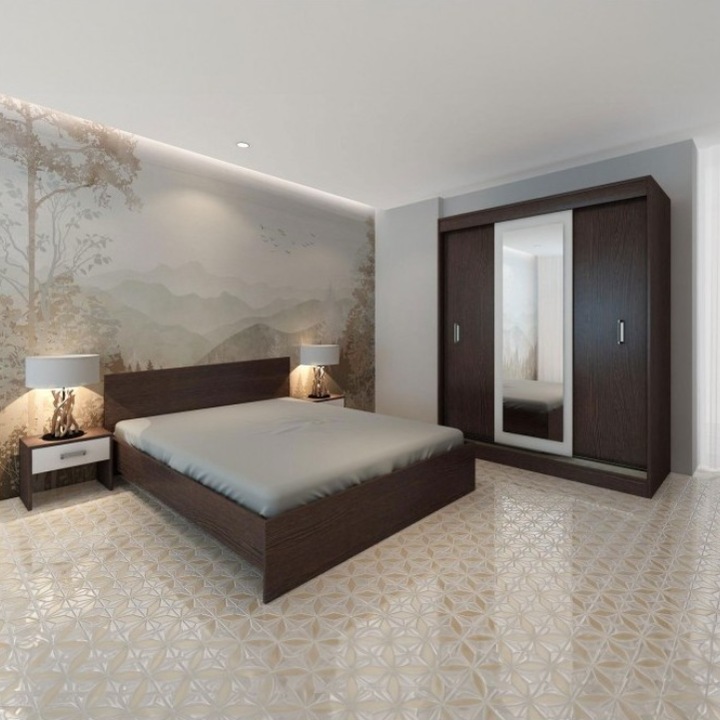 Dormitor AmzMob Bianka, 4 Piese, Pat 160 x 200, 2Noptiere, Dulap cu usi glisante, Culoare Wenge/Alb