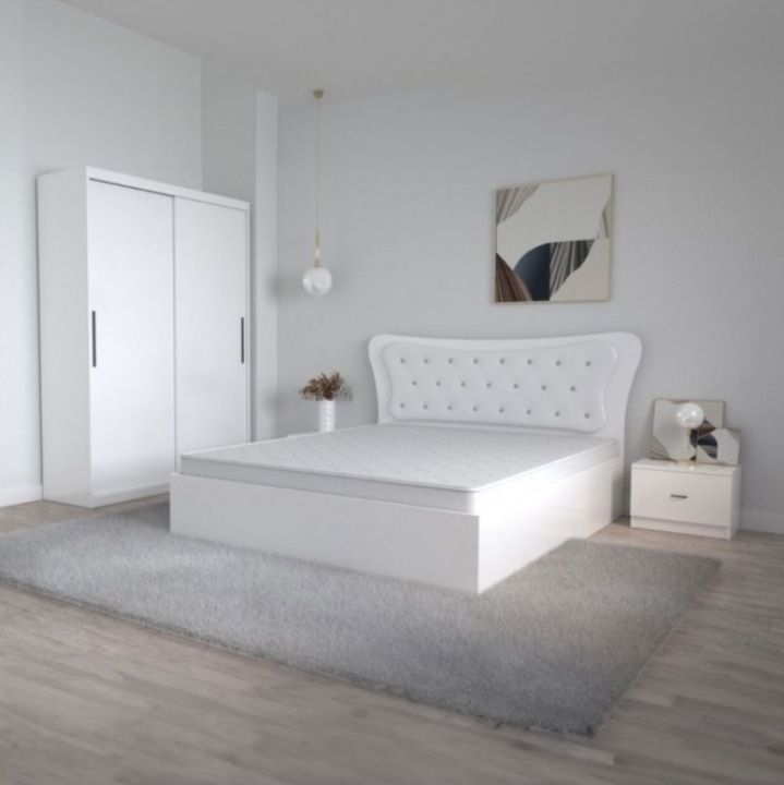 Dormitor AmzMob Dante, 4 Piese, Pat 160 X 200, 2Noptiere, Dulap usi glisante fara oglinda, Culoare Alb