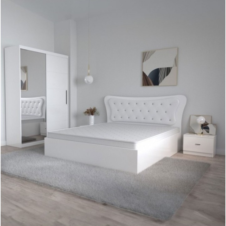 Dormitor AmzMob Dante, 4 Piese, Pat 160 X 200, 2Noptiere, Dulap usi glisante cu oglinda, Culoare Alb