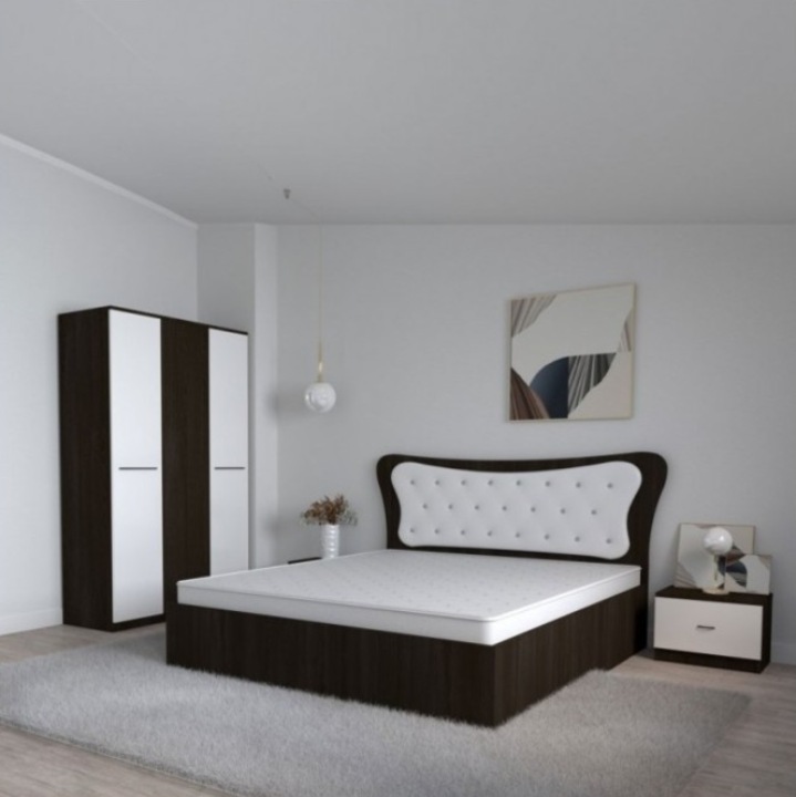 Dormitor AmzMob Dante, 4 Piese, Pat Dante 160 X 200, 2Noptiere, Dulap Hera W, Culoare Wenge/Alb