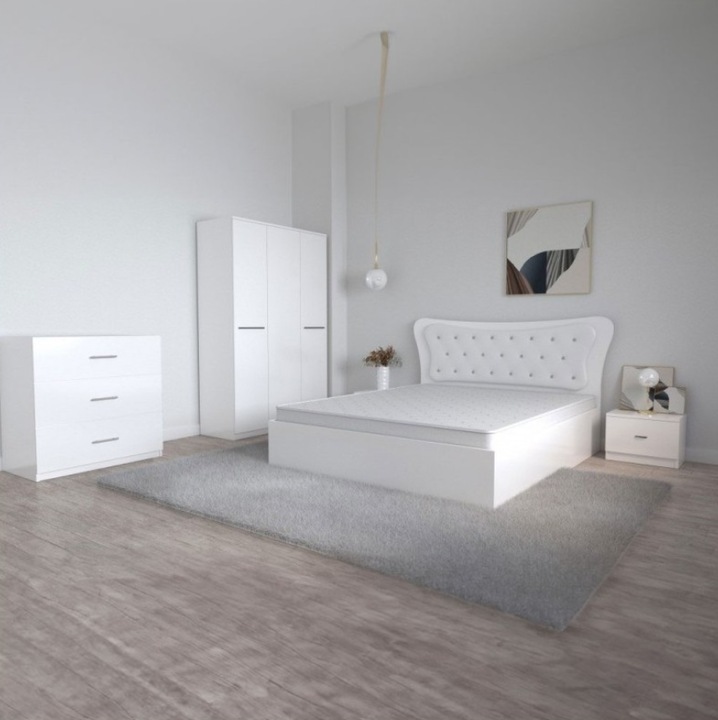 Dormitor AmzMob Dante, 5 Piese, Pat 160 X 200, 2Noptiere, Dulap Hera Alb, Comoda Alice Alb, Culoare Alb