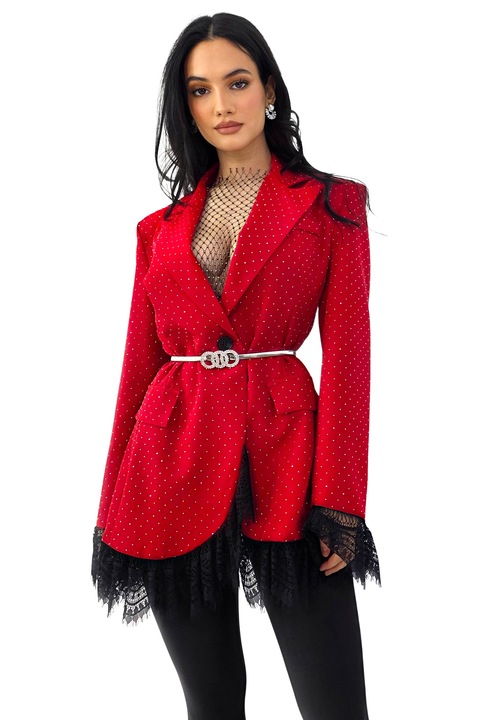 Къса рокля сако IMPERYA, с дантелени гарнитури и камъни, червена, размер S/M, FashionForYou