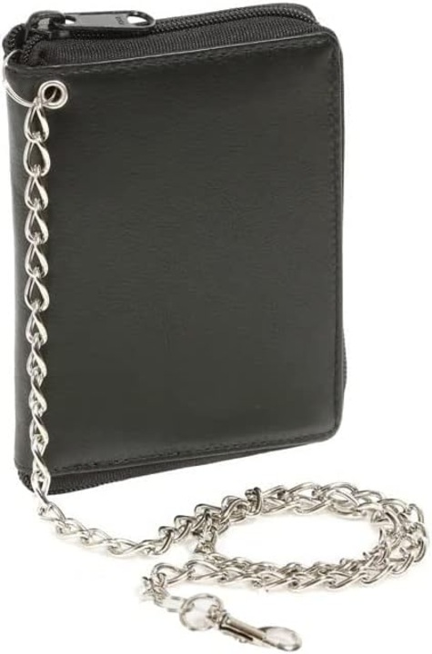 Портфейл LEAS с цип от естествена кожа, черен, с RFID защита и хромирана верижка