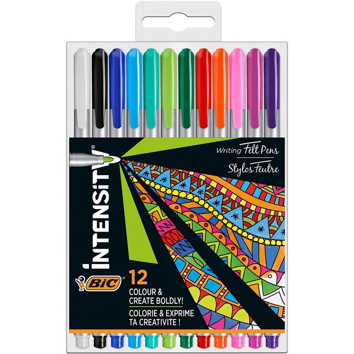 Set 12 pixuri fineliner Bic Intensity, varf 0.7mm, multicolor