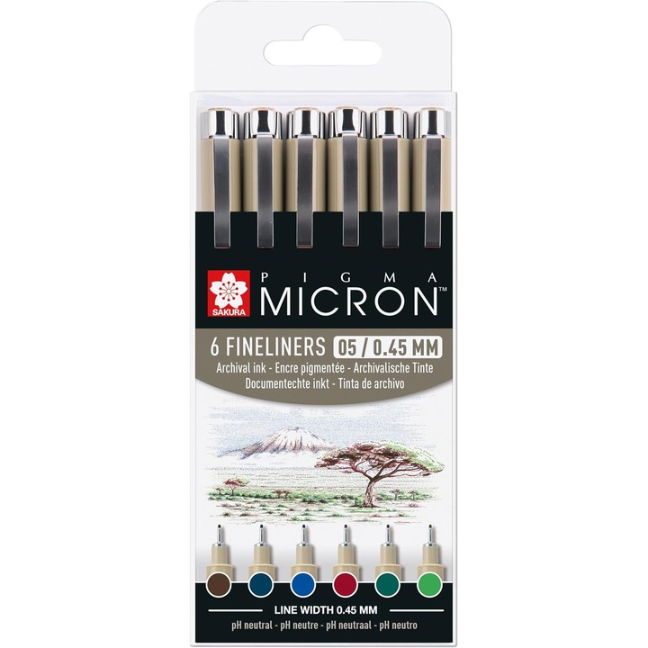 Set finelinere Sakura Pigma Micron 05, 6 buc, multicolor, 0.45 mm