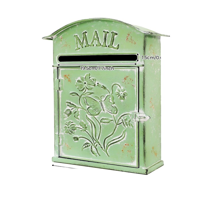 Postaláda, tartós vas szerkezet, vintage design, zöld, 10.6x4.1x12.3 in