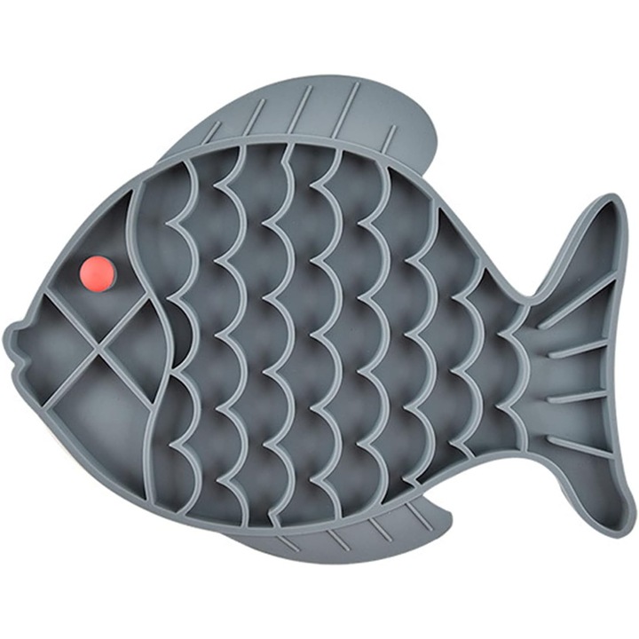 Bol pentru hranirea pisicilor si cainilor, silicon sigur, forma de peste, 19x24.5cm, gri.