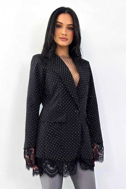 Къса рокля сако IMPERYA, с дантела и камъни, Черна, Размер S/M, FashionForYou