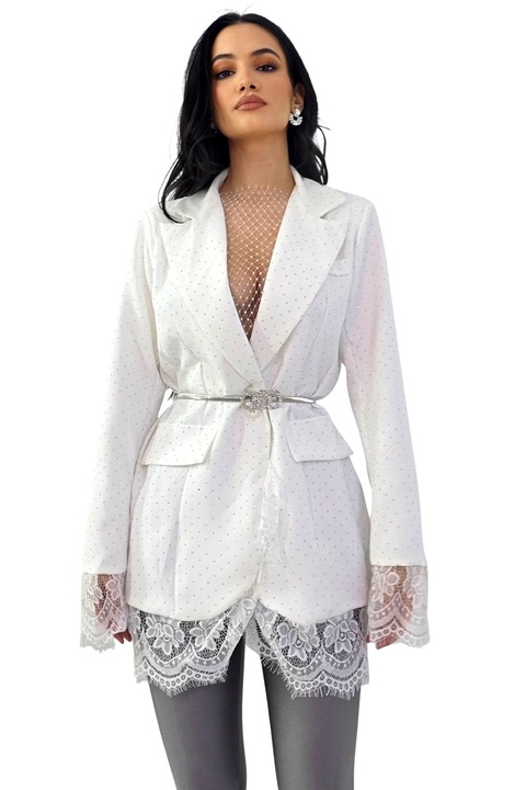 Къса рокля сако IMPERYA, с дантелени гарнитури и камъни, Бяла, Размер S/M, FashionForYou