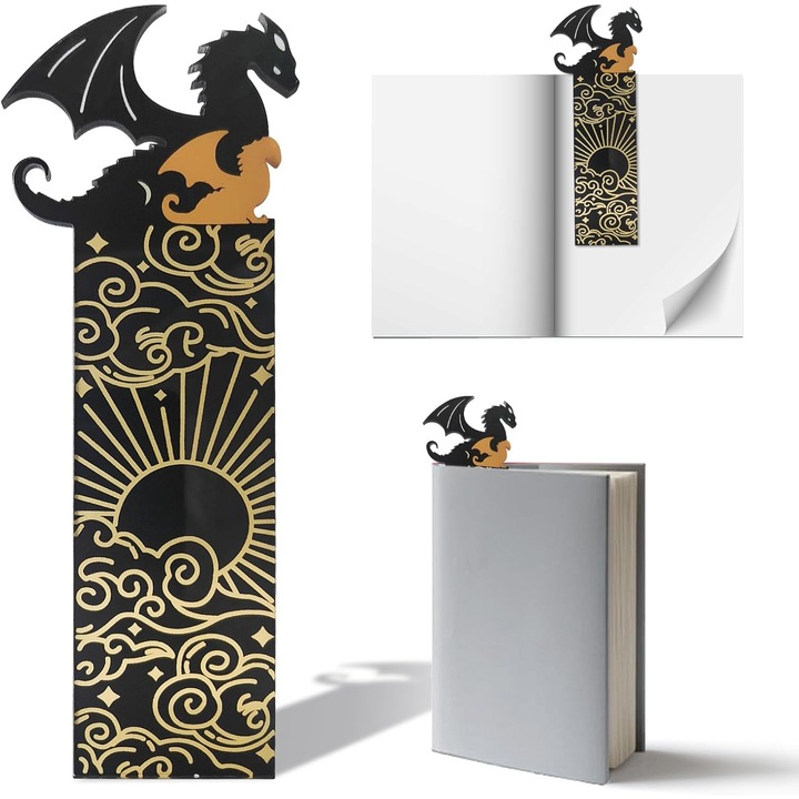 Semn de carte Dragon Negru-Auriu Acrilic Personalizat Decor Carte
