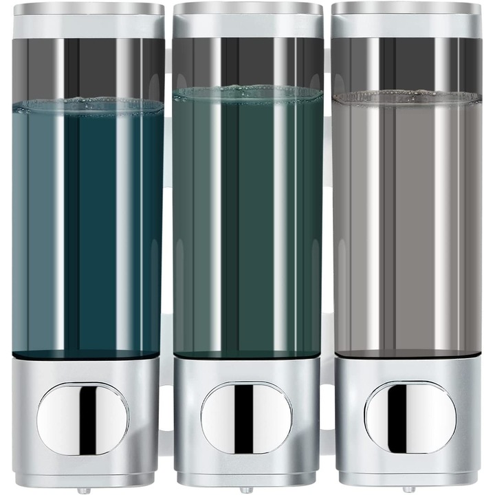 Modunful sampon-, balzsam- és tusfürdő adagoló, falra szerelhető fúrás nélkül, 3 rekesz x 300 ml, ezüst színű