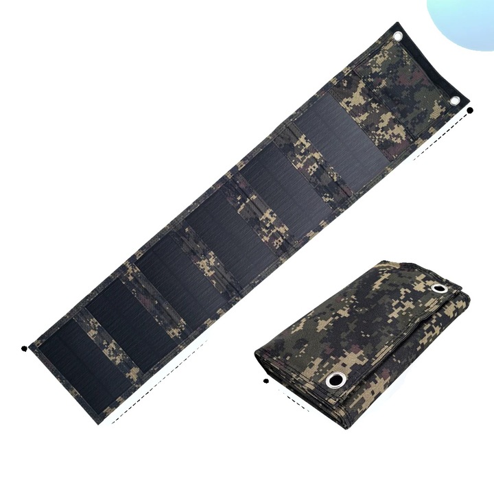 Hordozható napelemes töltő, összecsukható kivitel, terepmintás, 180x125x50mm, 385g