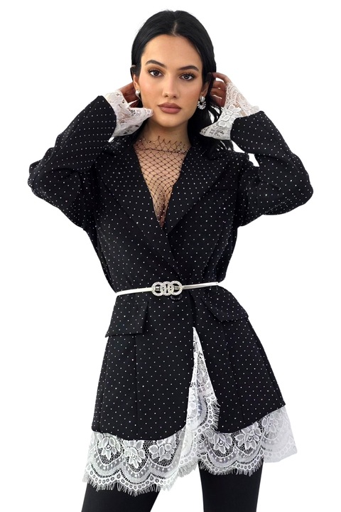 Къса рокля сако IMPERYA, с дантелени гарнитури и камъни, Бяло/Черно, Размер S/M, FashionForYou