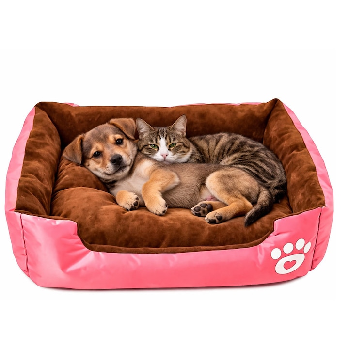 Pat moale si confortabil SnuggleSpot Doty®, tip culcus, cu saltea, pentru caini de talie mica sau pisici, roz, 50cm