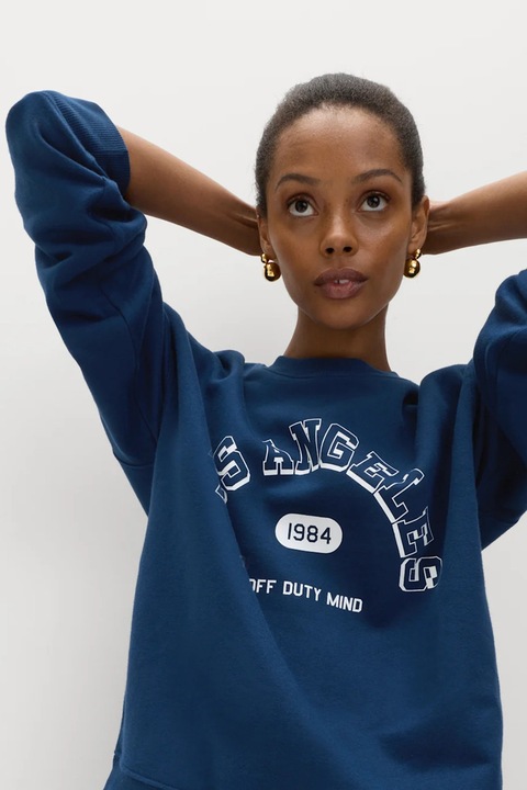 Marks & Spencer, Bluza de trening cu decolteu rotund si imprimeu, Albastru inchis