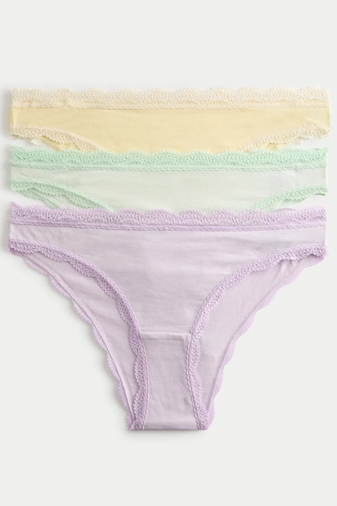 Marks & Spencer, Set de chiloti brazilieni cu terminatii din dantela - 3 perechi, Verde pal/Lila