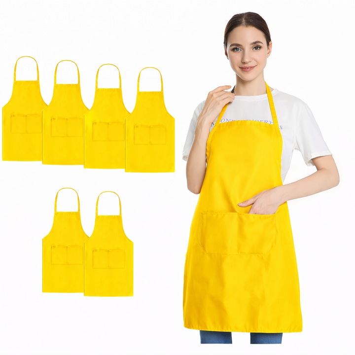 Комплект от 6 Професионални Престилки, Жълти, 75x65 см, Устойчив Полиестер, 2 Джоба, Унисекс Дизайн, Закопчаване отзад, Дишащ Материал, За Кухня и Градински Дейности, Dalimag