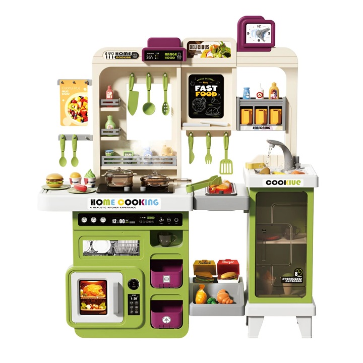 Bucatarie de jucarie mare pentru copii cu apa, cuptor si frigider – Home Cooking verde, 100 cm, accesorii incluse