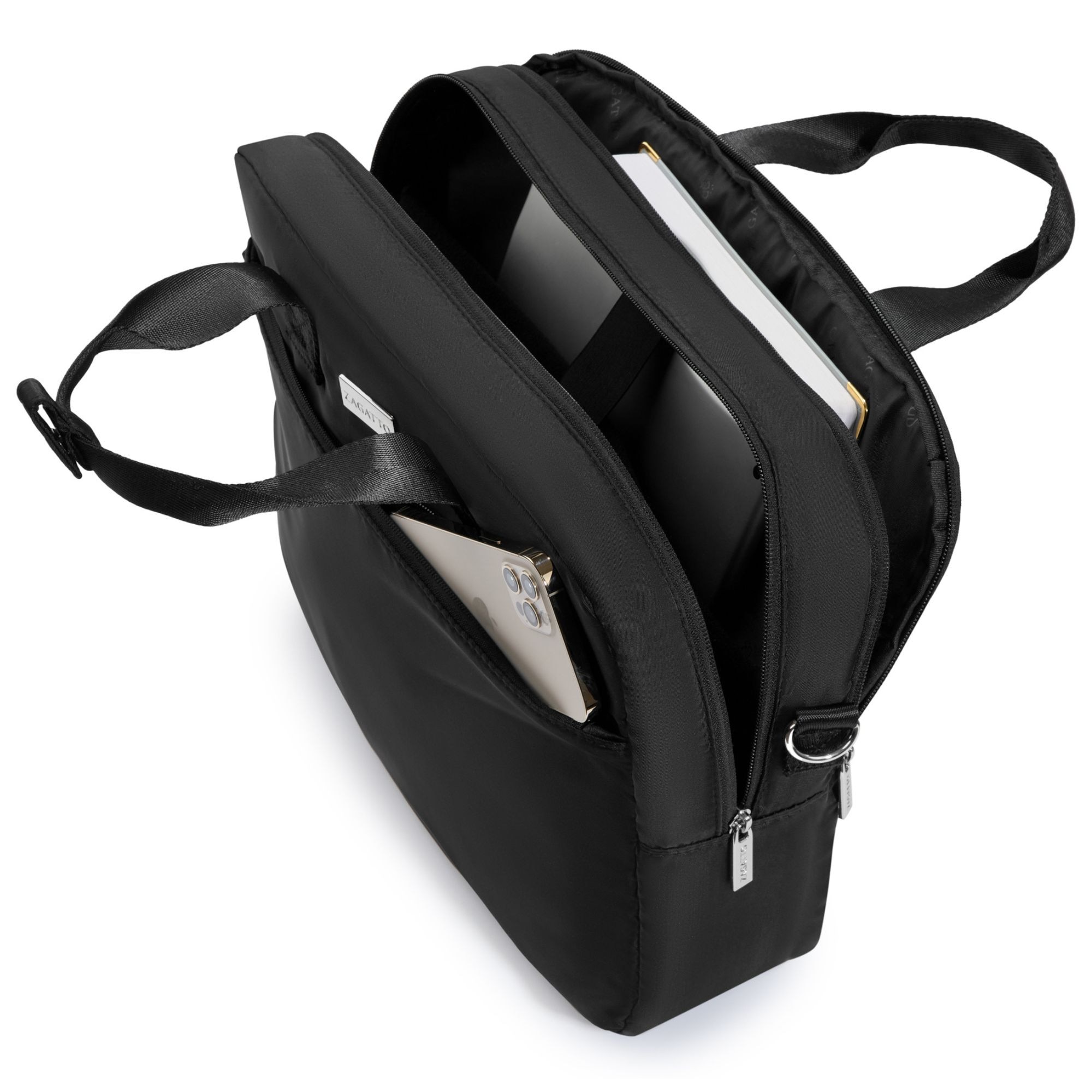 Geanta laptop dama, barbati, Zagatto® ZG 1081, Compatibila 15.6 inch, Dimensiune 40x10x30 cm, Atasabila la troler, Impermeabila, Curea de umar reglabila si detasabila, Protectie antisoc, Buzunar frontal cu fermoar, Eleganta, Casual, Neagra