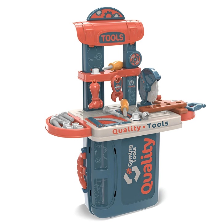 Trusa de scule pentru copii 3 in 1 – Banc de lucru portabil tip valiza cu unelte, 3 ani+