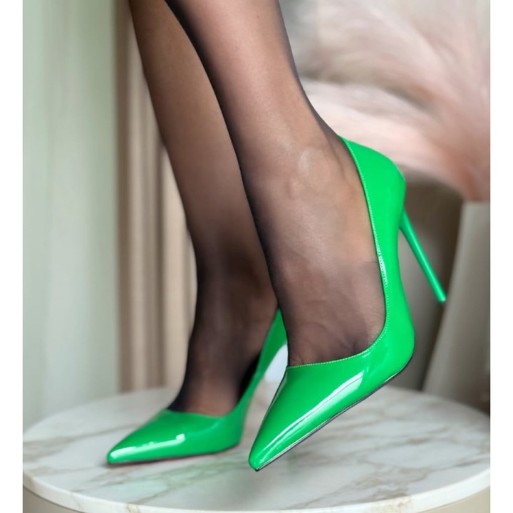 Pantofi dama dEpurtat, piele lacuita, verde, Verde