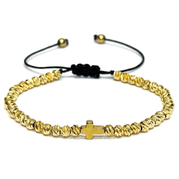 Bratara Reglabila cu Pandantiv Cruce, Elemente din Metal, Marime Universala, Gold