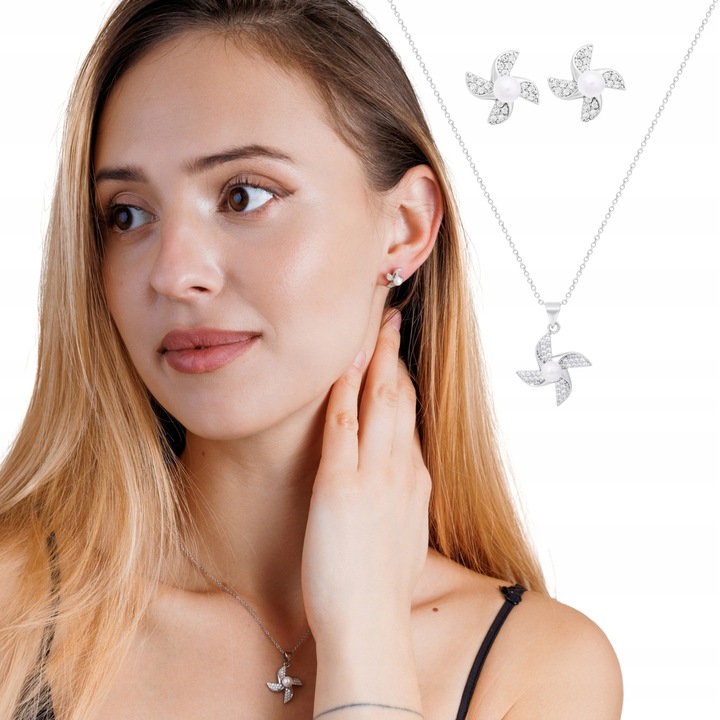 Set bijuterii 2 piese, Little Angel, colier argintiu 38cm, cercei perla, motiv floral