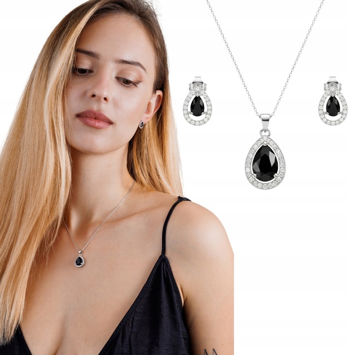 Set 2 piese bijuterii, Little Angel, colier si cercei lacrima, negru, 39cm+5cm extensie