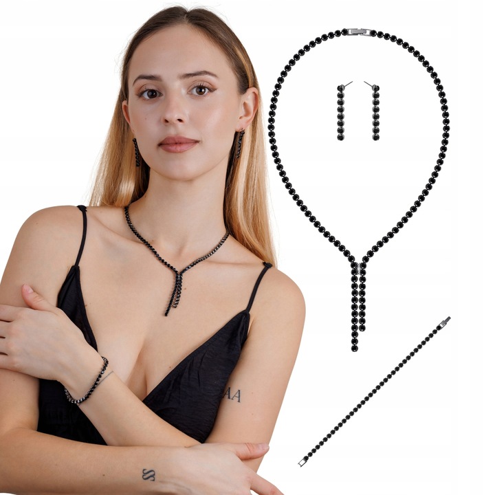 Set bijuterii Little Angel, colier tip Y, cercei și brățară, negru, 3 piese