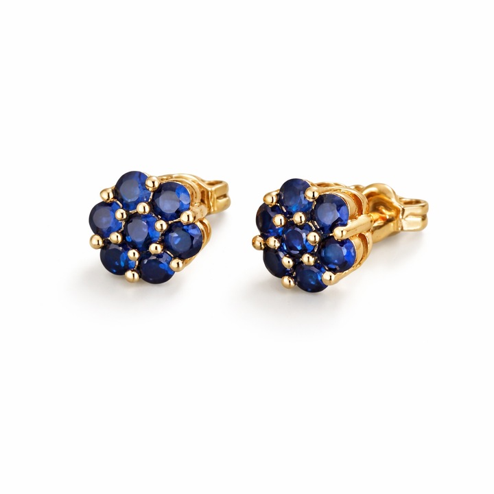 Cercei stud, zirconiu sintetic albastru, placati cu aur galben de 18k, design sofisticat-floral