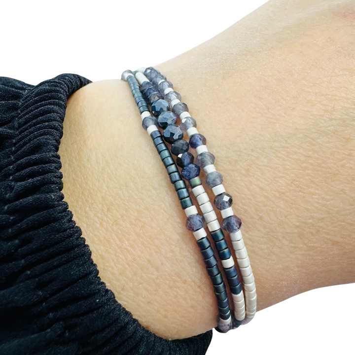 Bratara handmade Ezera, 3 straturi din Miyuki, Iolit si Hematit, multicolor, 7cm