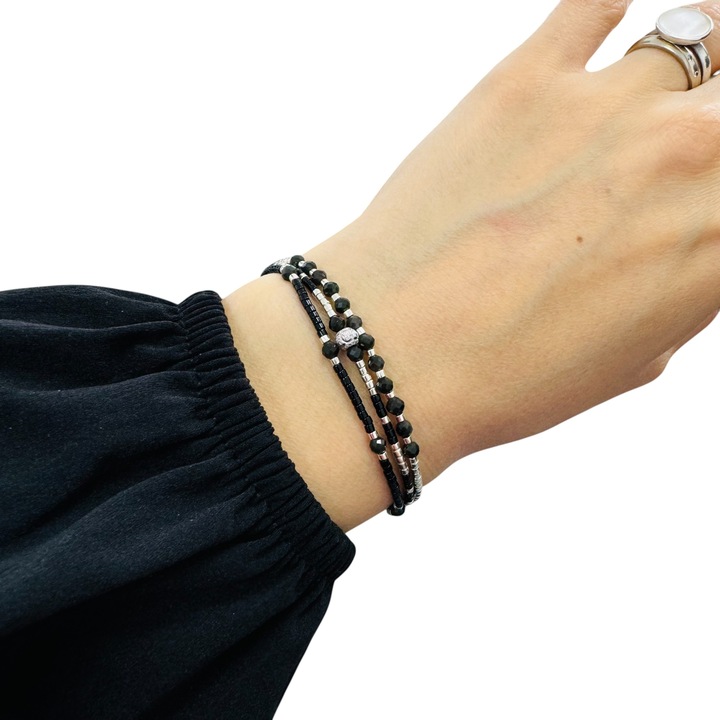 Bratara Elysia, Ezera, 3 straturi, snur negru-argintiu, cristale Obsidian, argint 925