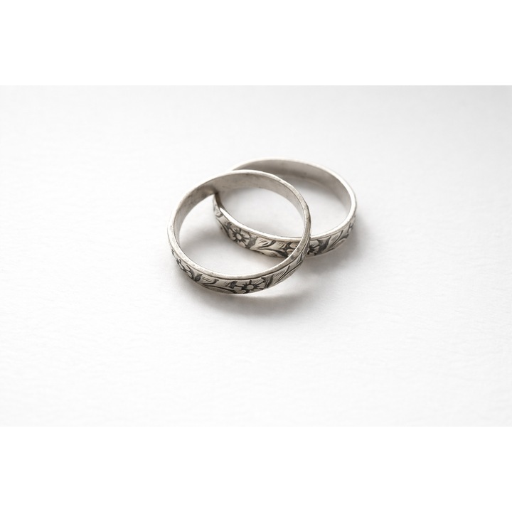 Set 2 Inele Argint 925 Gravate, Floral Vintage, Argintiu