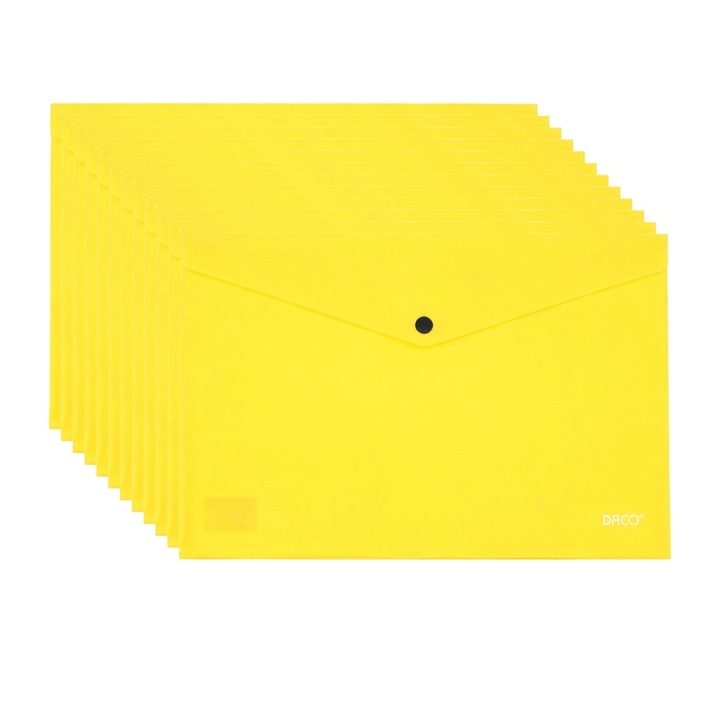Set 12 mape plastic cu buton A4 Daco, 200 microni, Galbene