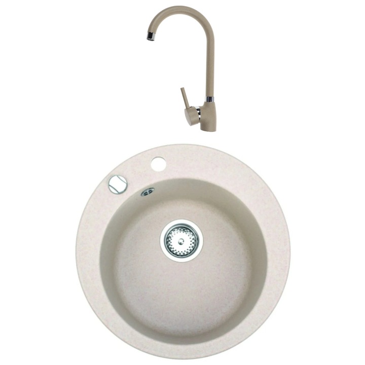 Set chiuvetă bucătărie Paxton V02, compozit granit, rotund, bej, 49x49cm, adâncime cuvă 17cm, inclusă baterie