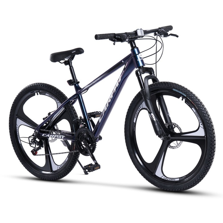 Планински велосипед MTB Carpat Evo JSX26313, алуминиева рамка с интегрирани кабели, оборудване Shimano, предно окачване, 26-инчови магнезиеви колела, предни/задни дискови спирачки, 21 скорости, металик син