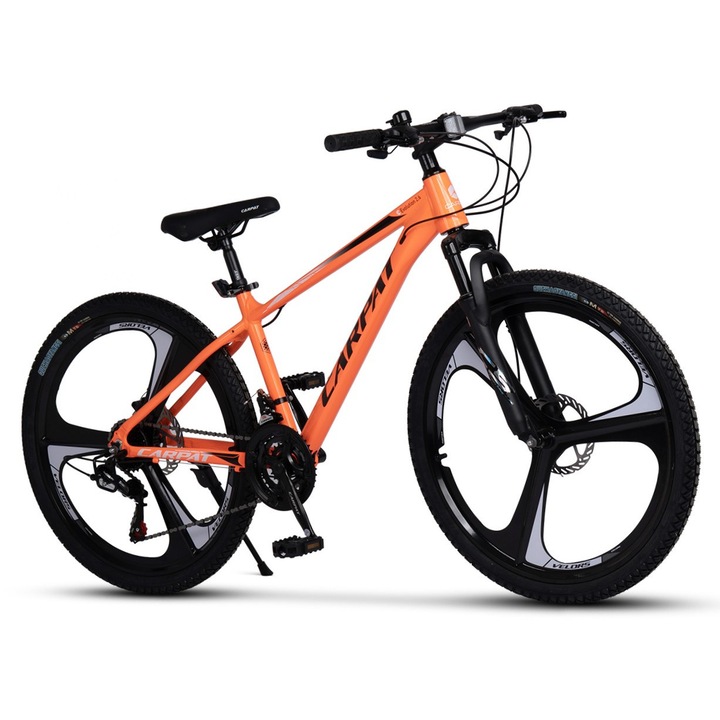 Планински велосипед MTB Carpat Evo JSX26313, алуминиева рамка с интегрирани кабели, оборудване Shimano, предно окачване, 26-инчови магнезиеви колела, предни/задни дискови спирачки, 21 скорости, оранжев