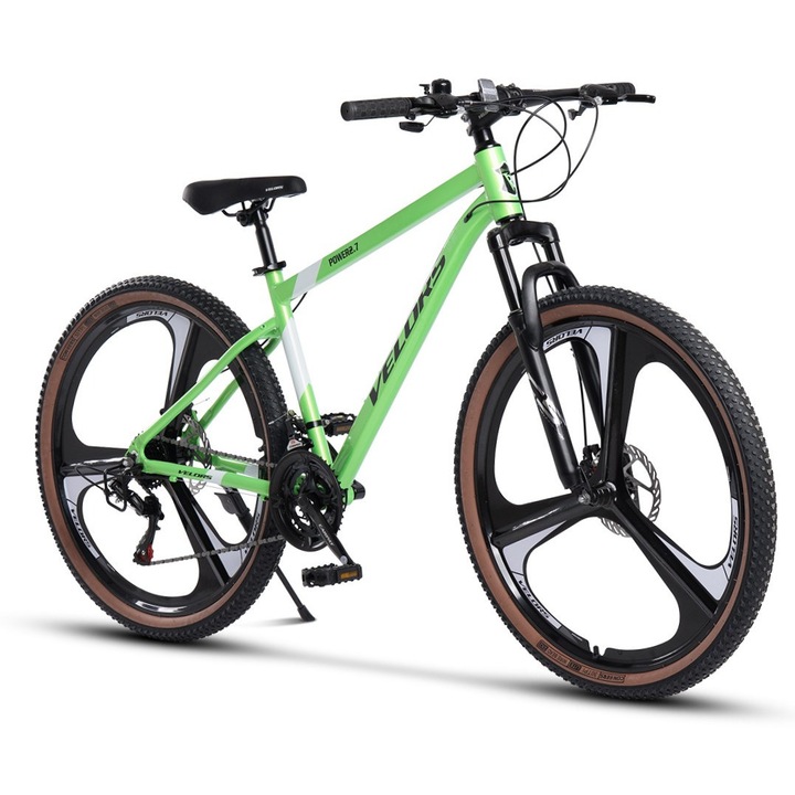 Bicicleta MTB de munte Velors Power JSX27302M, echipare Shimano, cadru din aluminiu cu cabluri integrate, suspensie fata, roata 27.5 inch din magneziu, frana disc fata/spate, 21 viteze, verde/negru