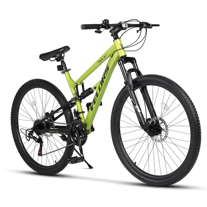 Bicicleta MTB de munte Velors Trail JSX27271, schimbator Shimano, suspensie fata/spate Genius, roata 27.5 inch, franare pe disc, 21 viteze, verde cu negru