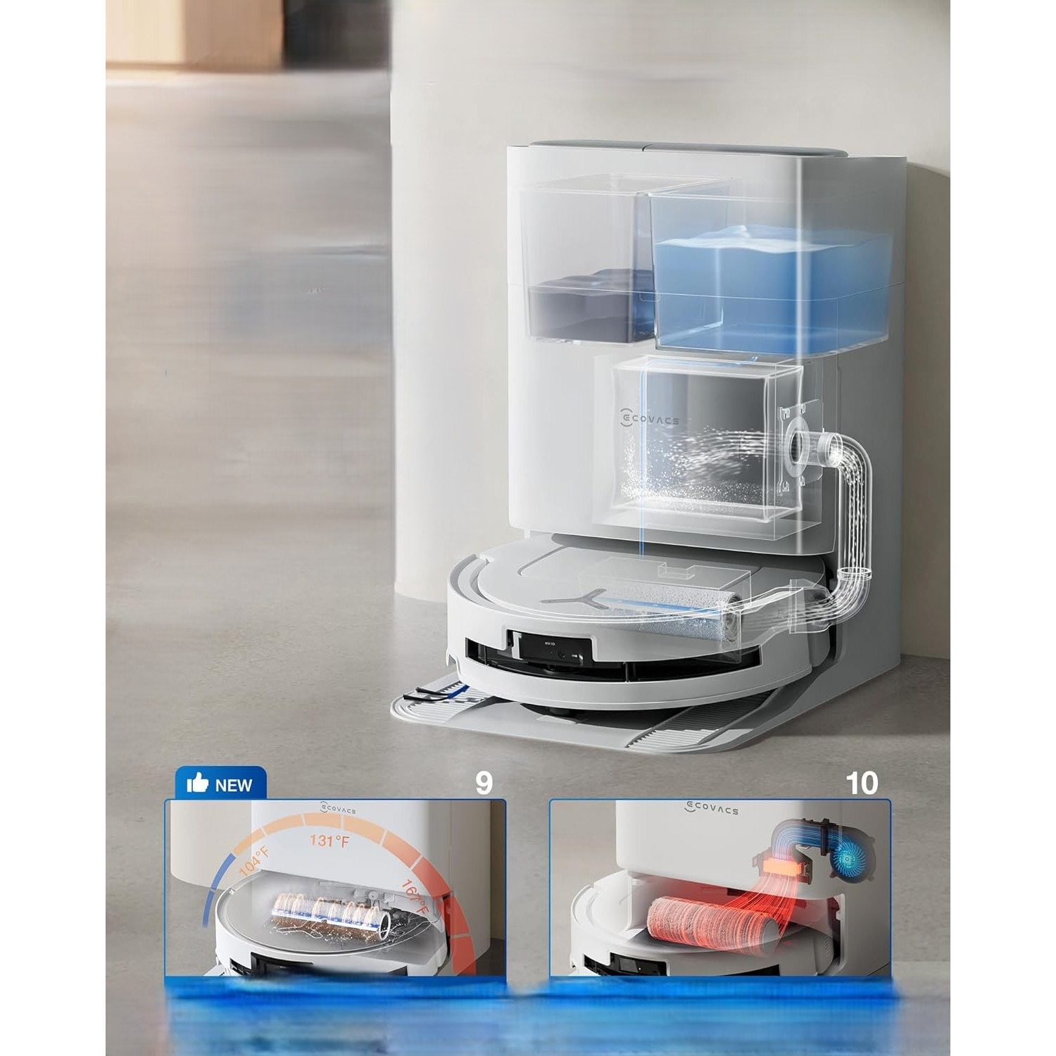 Aspirator robot Ecovacs Deebot T80 OMNI, putere 18.000 Pa, mop auto-curatant, alb, acumulator, 400 ml