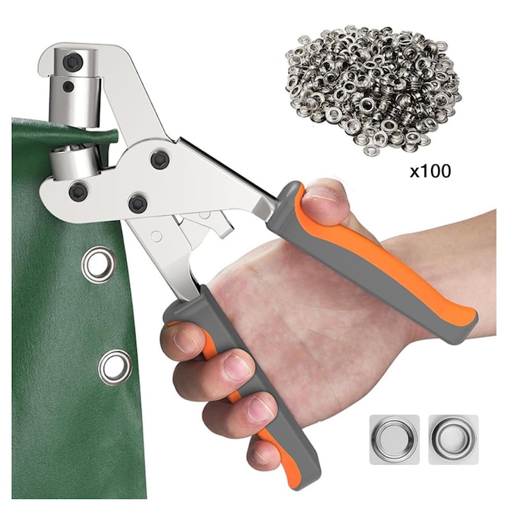 Cleste perforator cu kit montare capse/inele metalice, otel inoxidabil, 100 buc 10 mm, manual, 21, 5 x 13, 2 cm, argintiu