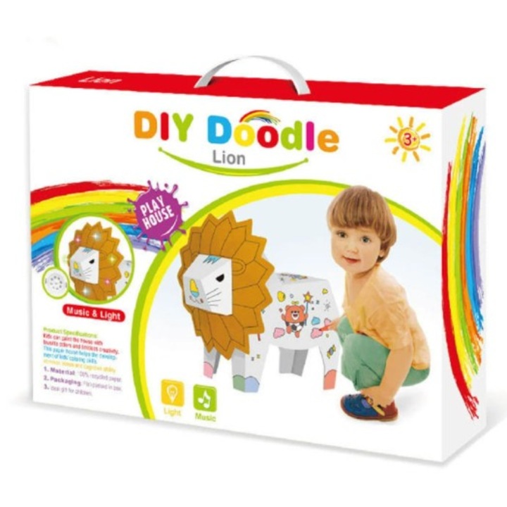 Leu 3D Puzzle din Carton, Jucarie Educativa pentru Copii, de Asamblat si Colorat, 41 x 12 x 33 cm, 3+ ani