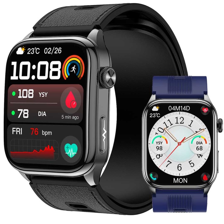 Smartwatch Lumaudio SANOTRAK Cord, monitorizare tensiune arterială, 2.06 inch, albastru, curea piele și silicon