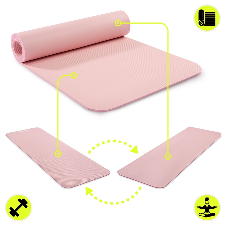 HyperMotion NBR fitnesz és jóga szőnyeg, 183x61x0,8 cm, csúszásmentes, rózsaszín, multifunkcionális pánttal
