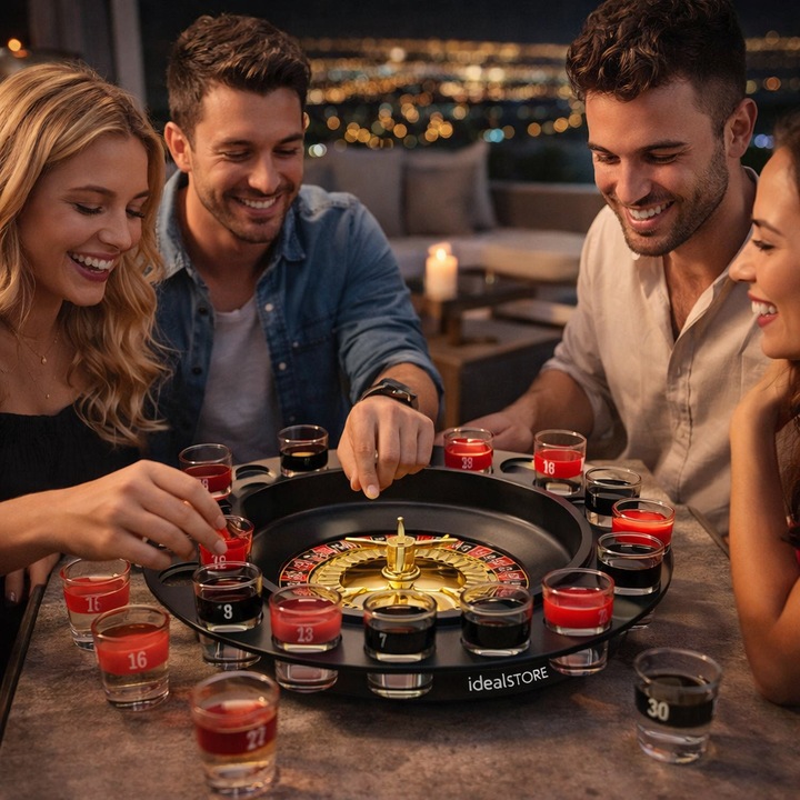 Ruletă cu shoturi, 16 pahare, 2 bile metalice, joc de societate, multicolor