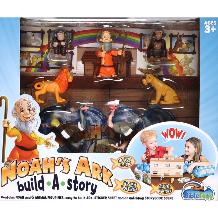 Construieste Arca lui Noe, BebeDream, set 7 figurine, 30cm, cu carte si autocolante