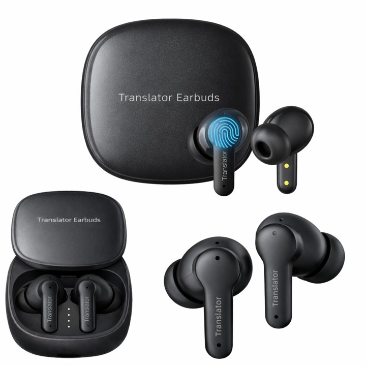 Casti cu Traducere in Timp Real, Translator M3, Traducere Vocala, Foto si Text, Traducator Wireless 144 Limbi, Casti Inteligente cu Traducere AI, Bilateral, Offline in 11 Limbi, Control Tactil, App iOS si Android, Autonomie 24 H, ENC si ANC, HI-FI, Negru