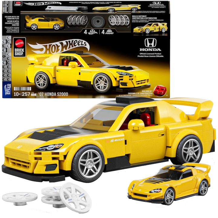 Set de construcție model auto Mattel Brick Shop Hot Wheels Speed Series Honda S2000, 257 piese, alb, 1:32